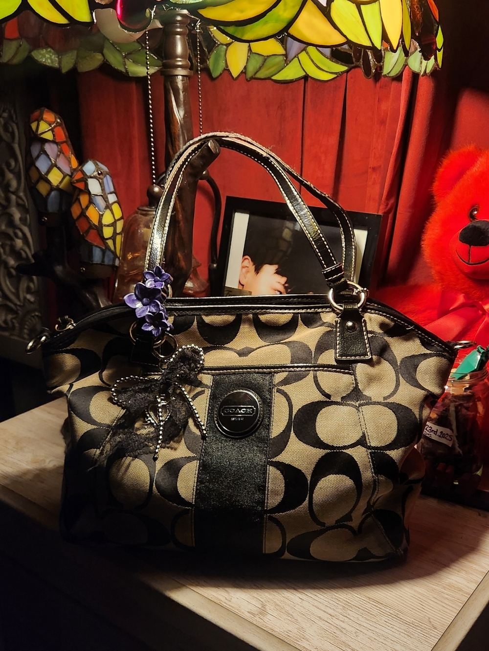 Coach Khaki and Black Signature Canvas Tote with Black Leather Trim